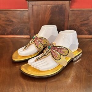 Donald J Pliner Gold Dragonfly Beaded Sandals Thong Crystal Heel Italy  Size 9